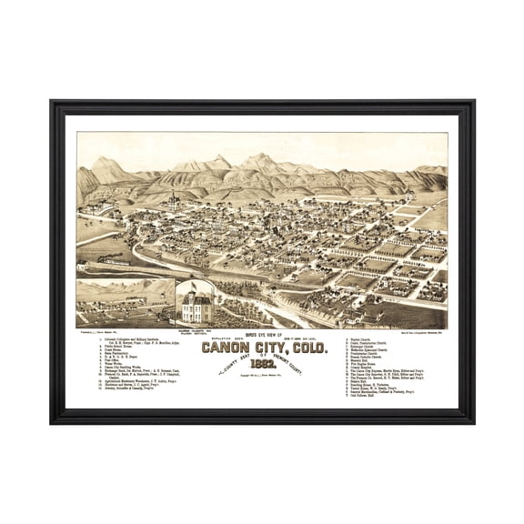 Canon City Art, 1882 Vintage Map of Canon City Colorado, CO History Wall Decor Gift, Old Canon City Map - 24" x 18" Black Framed Print