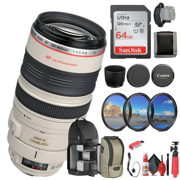 Canon EF 100-400mm F4.5-5.6L IS USM Lens 2577A002 64GB Memory Card Filter Kit BackPack Card Reader Flex Tripod Memory Wallet Cap Keeper Cleaning Kit Hand Strap International Model