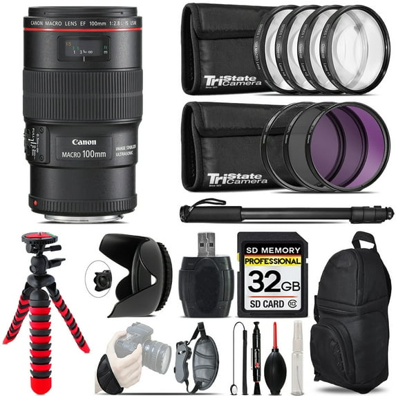 Canon EF 100mm f/2.8L IS USM Lens + Macro Filter Kit & More - 32GB Accessory Kit (International Version)