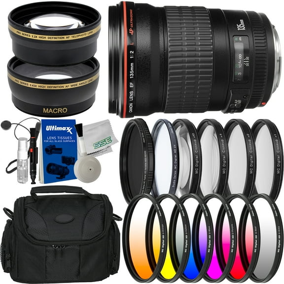 Canon EF 135mm f/2L USM Lens with Deluxe Accessory Bundle: 6PC Gradual Color Filter Kit, Water Resistant Gadget Bag, Variable Neutral Density Filter (ND2 - ND400) & Much More
