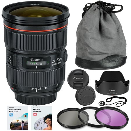Canon EF 24-70mm f/2.8L II USM Lens Bundle + HD Filter Kit + Lens Cap Keeper + 5 in 2 Photo/Video Editing Software Package (11 Items)