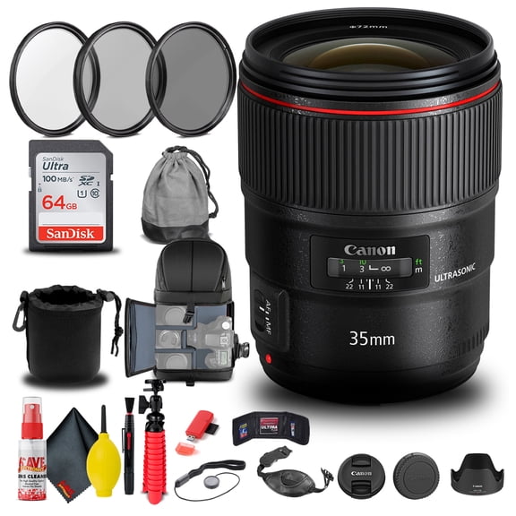 Canon EF 35mm F/1.4L II USM Lens + Filter + BackPack + 64GB Card + More (International Version)