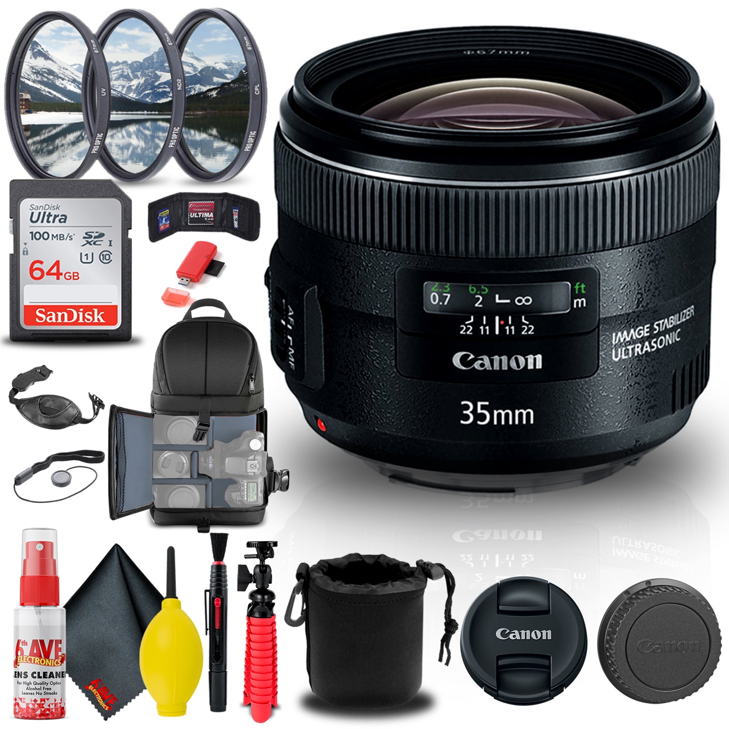 Canon EF 35mm f/2 IS USM DSLR Lens with 64GB Card, Filter 