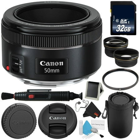 Canon EF 50mm F1.8 STM Lens 32GB SDHC Class 10 Memory Card Lens Pen Cleaner 49mm UV Filter Deluxe Lens Pouch Deluxe Cleaning Kit Lens Cap Keeper MicroFiber Cloth Bundle International Model