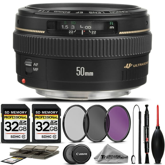 Canon EF 50mm f/1.4 USM Lens 2515A003 + 3PC FILTER + 64GB STORAGE BUNDLE KIT (International Version)