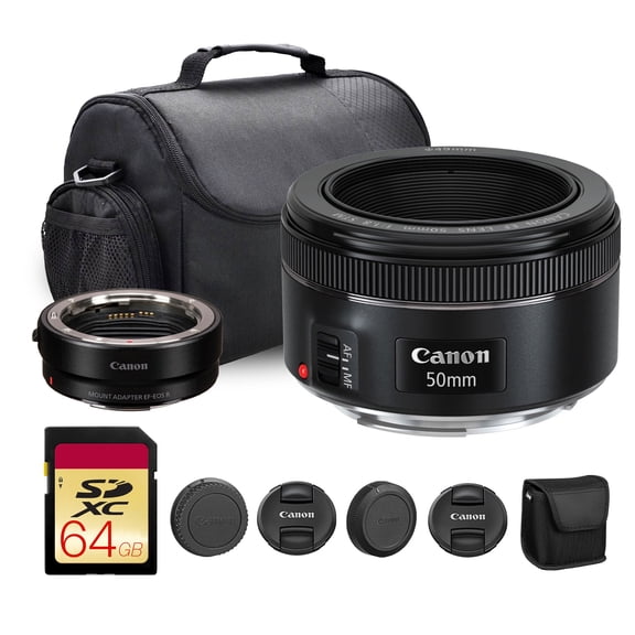 Canon EF 50mm f/1.8 STM Lens (0570C002) + EF-EOS R Adapter + Bag + 64GB Card