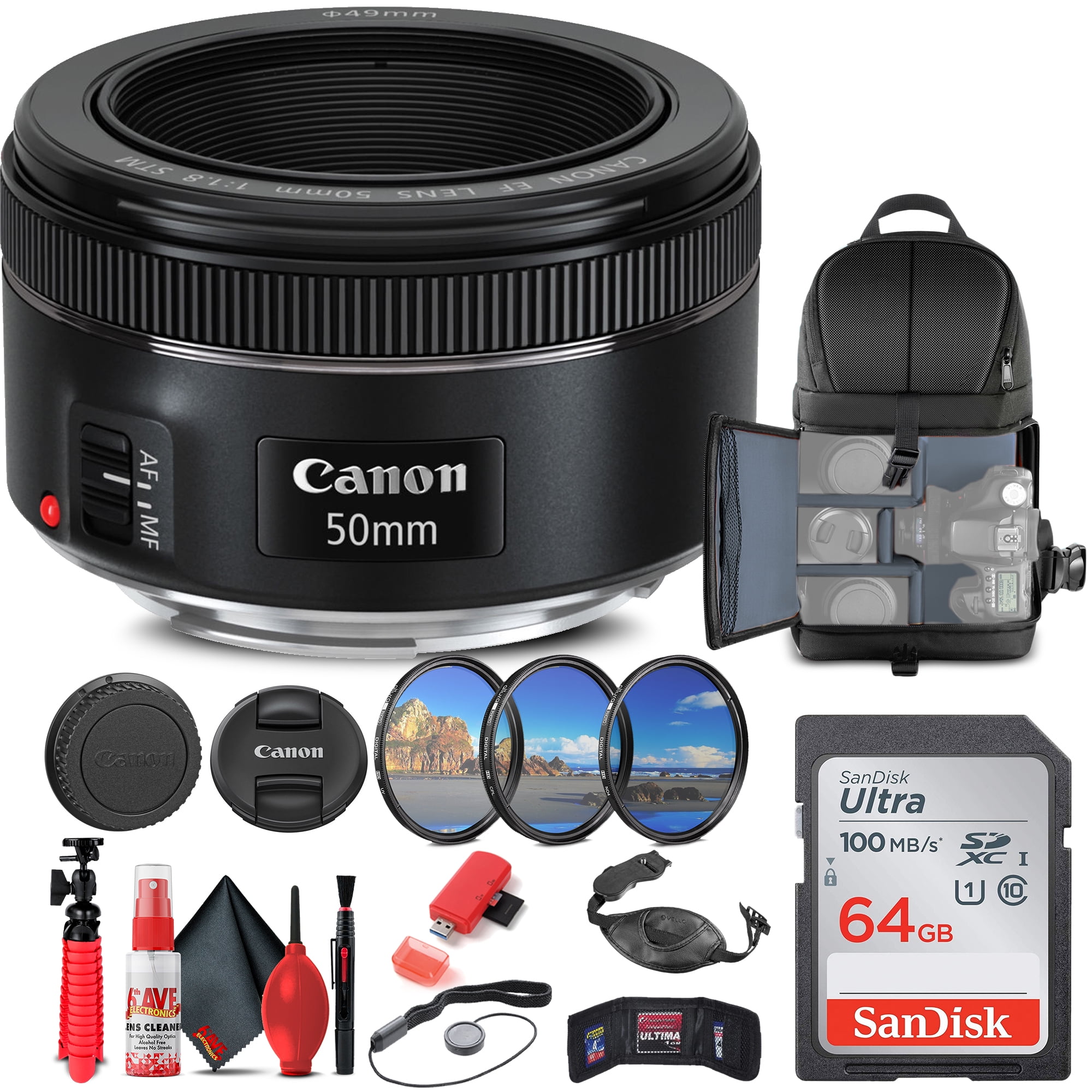 Canon EF 50mm f/1.8 STM Lens (0570C002) + Filter + BackPack + 64GB Card +  More