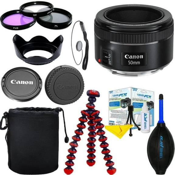 Canon EF 50mm f/1.8 STM Lens + 3PCS Filter Kit + Tulip Lens Hood + Lens Caps + Cap Keeper + Lens Pouch + Flexible Tripod + Dust Blower + Starter Cleaning Kit