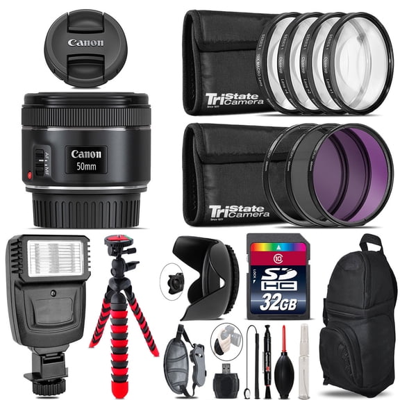 Canon EF 50mm f/1.8 STM Lens + Flash +  Tripod & More - 32GB Accessory Kit (International Version)