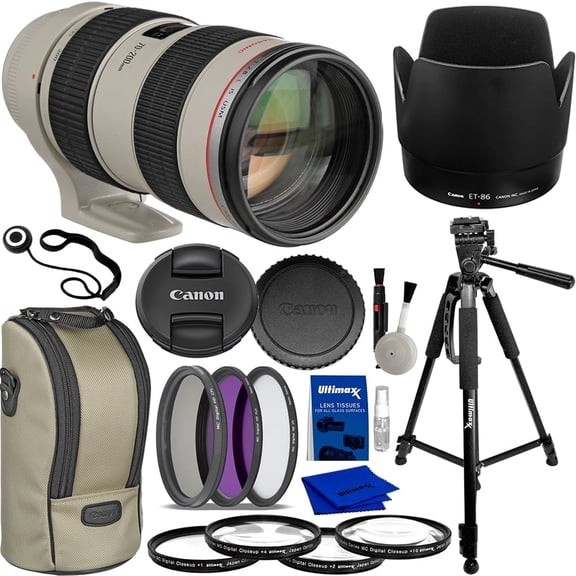 Canon EF 70-200mm f/2.8L USM Telephoto Zoom Lens with Deluxe Accessory Bundle. Bundle Includes: 60in Professional Tripod, 4pc Macro Filter Kit, Lens Hood, Len Case, and Much More