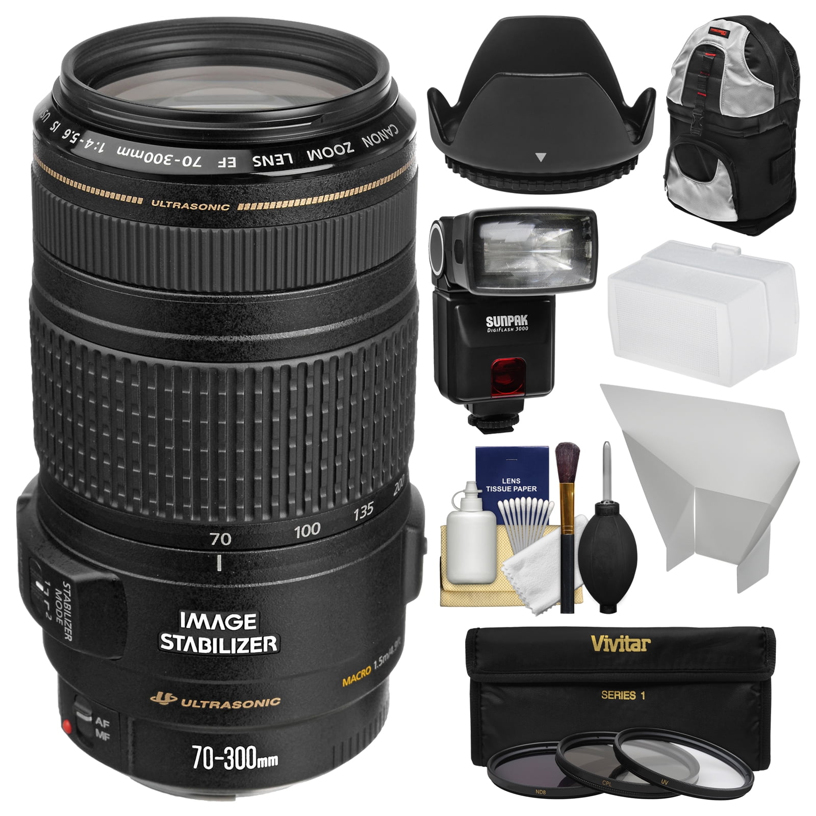 Canon EF 70-300mm f/4-5.6 IS USM Zoom Lens + Backpack + Flash + 2 ...