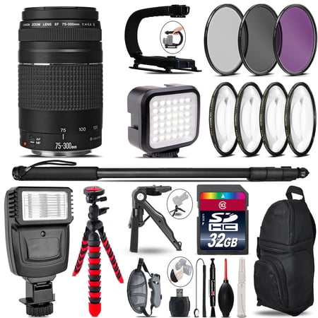 Canon EF 75-300 III - Video Kit + Slave Flash + Monopad - 32GB Accessory Bundle (International Version)