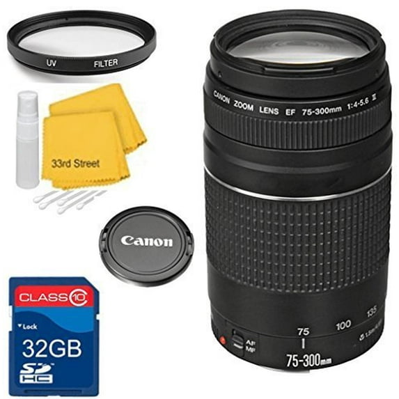 Canon EF 75-300mm III f/4-5.6 Telephoto Zoom Lens Bundle+ 32GB SD Card + UV Filter + Cleaning Kit- For Canon T4i