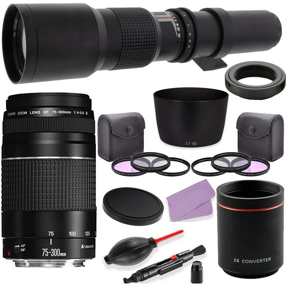Canon EF 75-300mm f/4-5.6 III Lens + 500mm (with 2X 1000mm) f/8.0 Preset MF Lens Bundle with HD Filters, Lens Hood (PZ ET-60) for Canon EF/EF-S DSLR Cameras Including T6, T7, T7i, 6D II, 5D IV & More