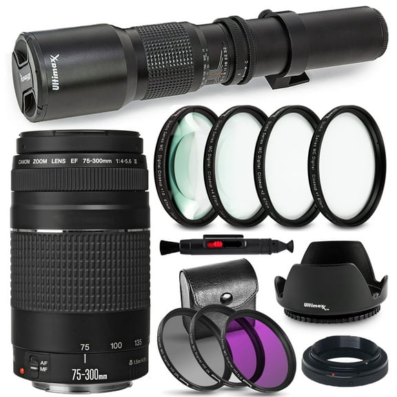 Canon EF 75-300mm f/4-5.6 III Lens (Black) + 500mm Preset Lens + Filter Bundle