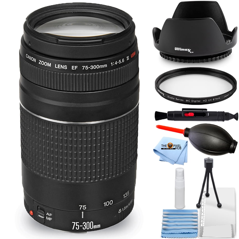 Canon EF 75-300mm f/4-5.6 III Lens (Black) 6473A003 - Essential Bundle with Tulip Hood Lens, UV Filter, Cleaning Pen, Blower, Microfiber Cloth and Cleaning Kit
