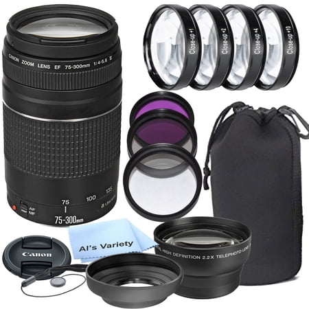 Canon EF 75-300mm f/4-5.6 III Telephoto Zoom Lens for Canon SLR Cameras + 3pc Filter Kit + 4pc Macro Kit + 2.2x Telephoto Lens + Lens Hood + 14pc Bundle - International Version (International Version)