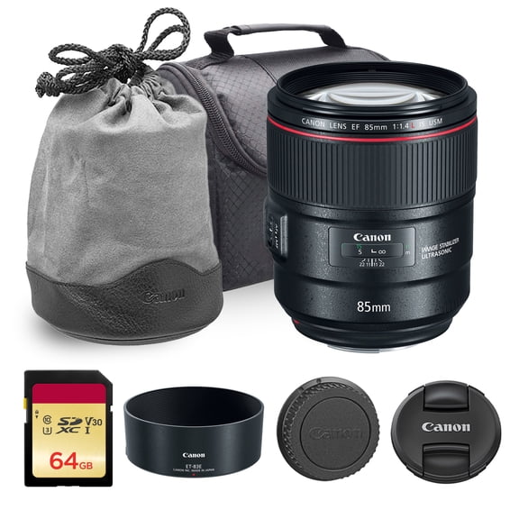 Canon EF 85mm f/1.4L IS USM Lens | Professional L-Series Portrait Prime with Fast f/1.4 Aperture, Optical Image Stabilization & USM Autofocus | For Portraits & Weddings (2271C002) + 64GB Card + Bag