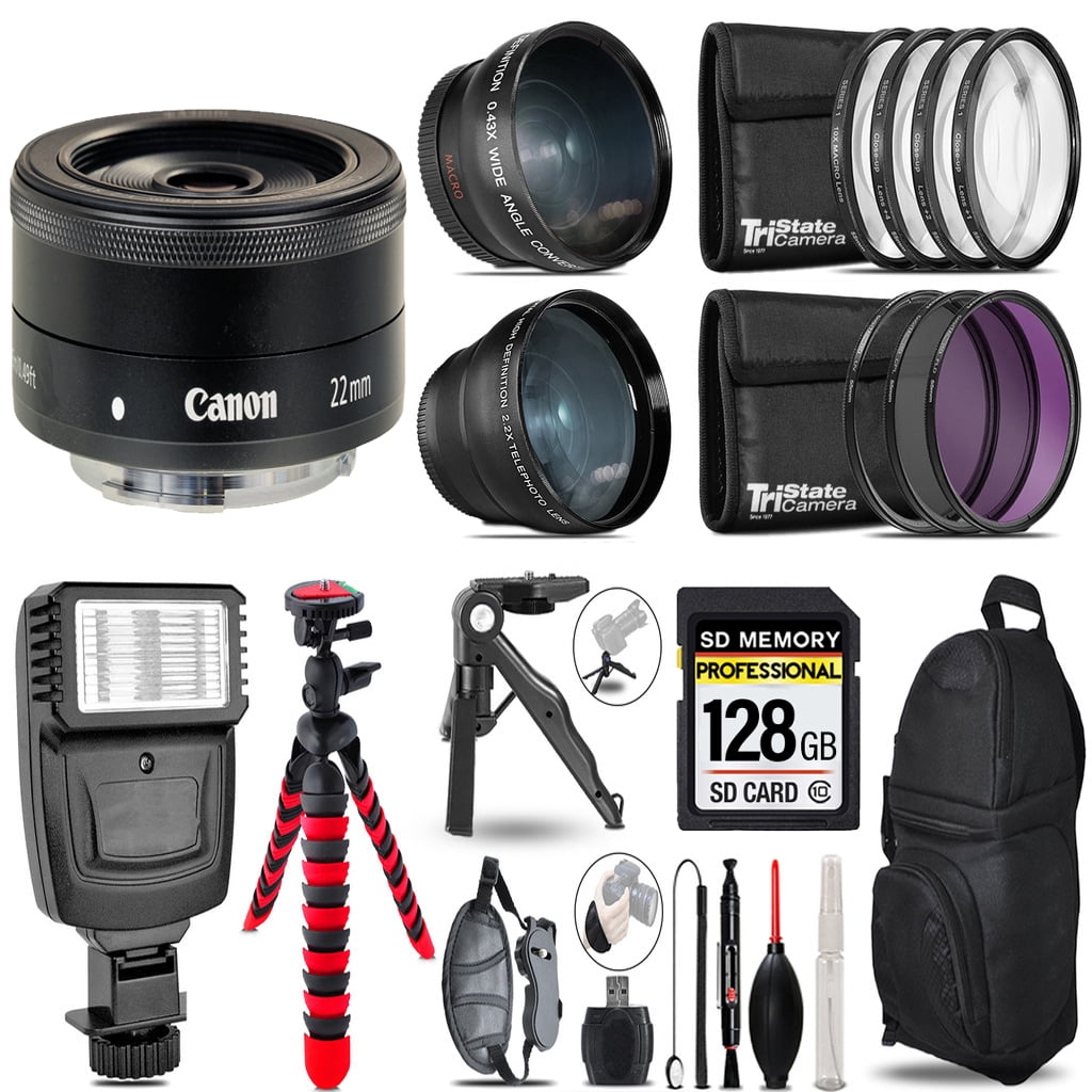 Canon EF-M 22mm f/2 STM Lens -3 Lens Kit + Slave Flash + Tripod 