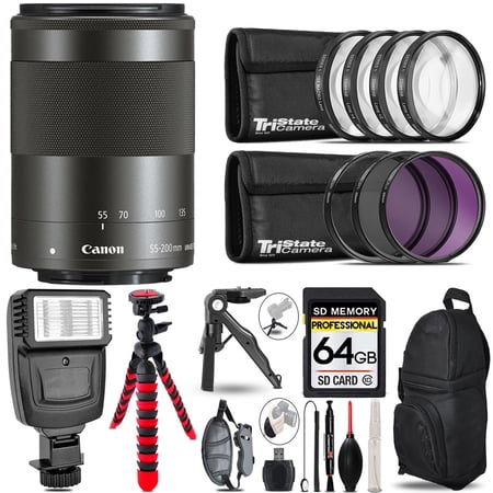 Canon EF-M 55-200mm f/4.5-6.3 IS STM Lens (Black) + Slave Flash + MACRO, UV-CPL-FLD - 64GB Accessory Bundle (International Version)