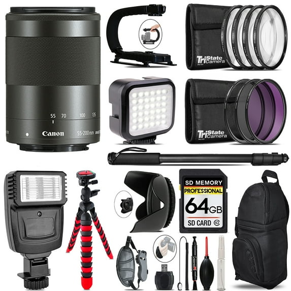 Canon EF-M 55-200mm f/4.5-6.3 IS STM Lens (Black) - Video Kit + Flash - 64GB Accessory Bundle (International Version)