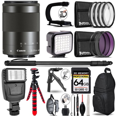 Canon EF-M 55-200mm f/4.5-6.3 IS STM Lens (Black) - Video Kit + Slave Flash + Monopad - 64GB Accessory Bundle (International Version)