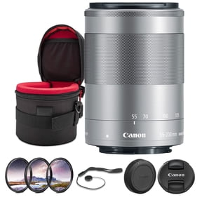 Canon EF-M 55-200mm f/4.5-6.3 IS STM Lens Bundle (Silver) | APS-C Telephoto Zoom with Optical Image Stabilization & Smooth STM Autofocus | Great for Wildlife & Sports (9517B002) + Filter Kit + More