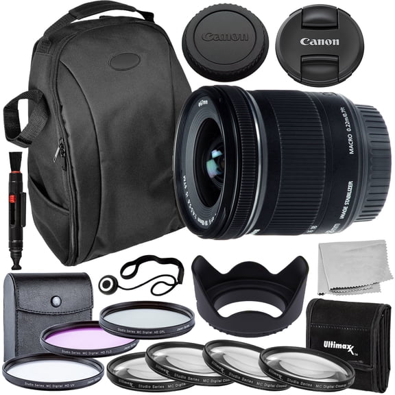 Canon EF-S 10-18mm f/4.5-5.6 IS STM Lens (International Model) Essential Bundle - Includes: 4PC Macro Filter Set + 3PC (UV, CPL, FLD) Filter Kit + Water Resistant Backpack + Tulip Lens Hood + More