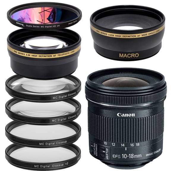 Canon EF-S 10-18mm f/4.5-5.6 IS STM Lens Filter Bundle - Includes: Professional Telephoto Lens Attachment + 0.43X Wide Angle Lens Attachment + 4PC Macro Lens Filter Set + Digital HD UV Filter &More