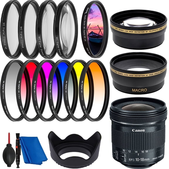 Canon EF-S 10-18mm f 4.5-5.6 IS STM Lens (International Model) Filter Bundle - Includes: Professional Telephoto Lens + 6PC Color Filter Set + 0.43X Wide Angle Lens + Digital HD UV Filter &More
