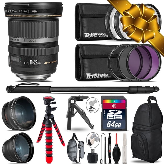 Canon EF-S 10-22mm USM - 3 Lens Kit + Tripod + Backpack - 64GB Accessory Bundle (International Version)