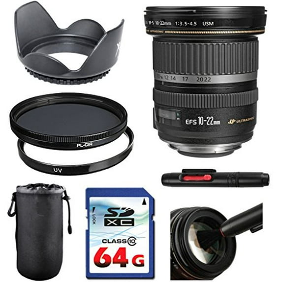 Canon EF-S 10-22mm f/3.5-4.5 USM Lens Bundle + UV Filter + Polarizer Filter + 2 In 1 Lens Cleaning Pen + High Speed 64GB Memory Card + Tulip Hood + Deluxe Lens Case
