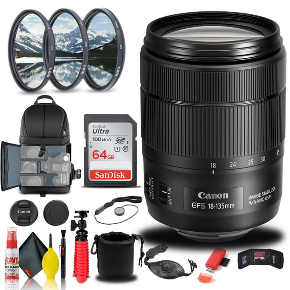 Canon EF-S 18-135mm F/3.5-5.6 IS USM Lens (1276C002) + Filter Kit + More (International Version)