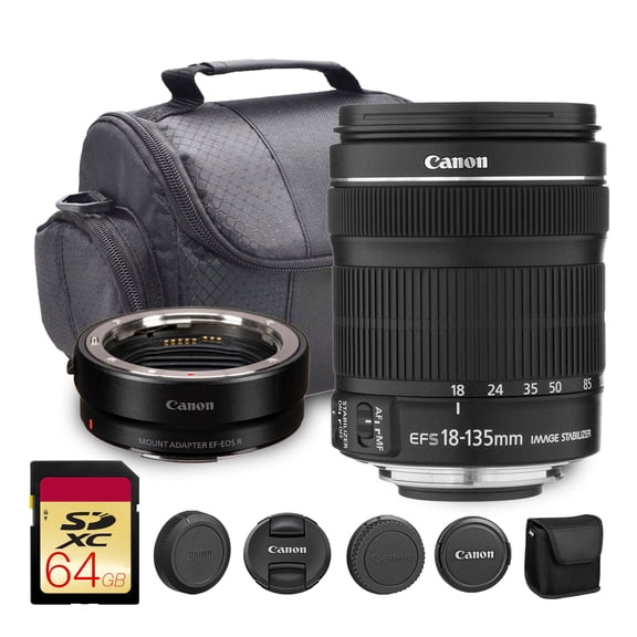 Canon EF-S 18-135mm f/3.5-5.6 IS STM Lens| Versatile All-in-One Zoom with Image Stabilization & Smooth Autofocus| For Travel, Portrait & Video Shooting (6097B002) + Adapter EF-EOS R + Bag + 64GB Card