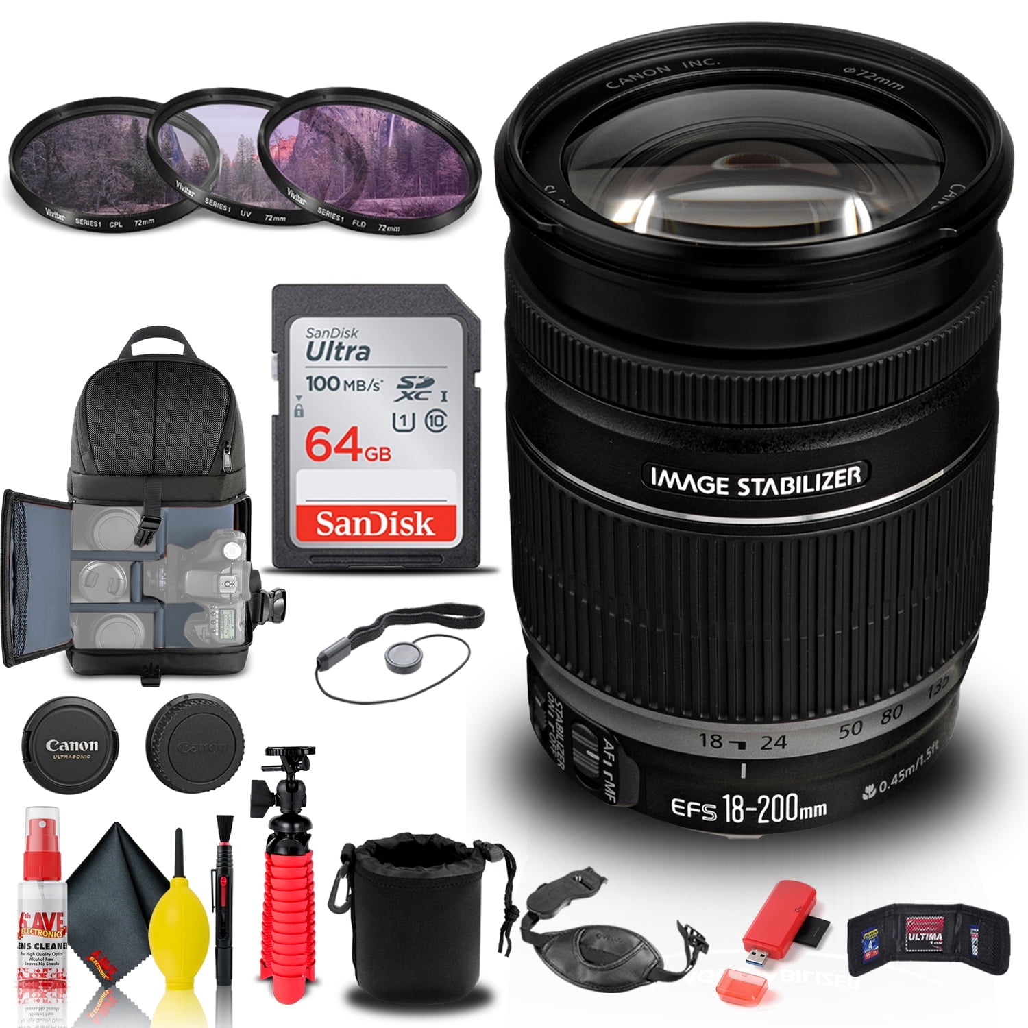 Canon EF-S 18-200mm F/3.5-5.6 IS Lens (2752B002) + Filter Kit + 
