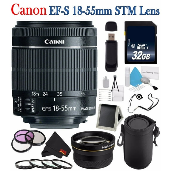 Canon EF-S 18-55mm F/3.5-5.6 IS STM Lens + 58mm 3 Piece Filter Kit + SD Card USB Reader + 32GB SDHC Class 10 Memory Card + Deluxe Lens Pouch + 58mm 2x Telephoto Lens Bundle (International Version)