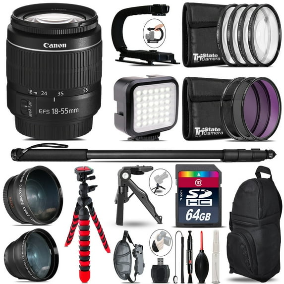 Canon EF-S 18-55mm III -Video Kit + LED KIt + Monopad - 64GB Accessory Bundle (International Version)