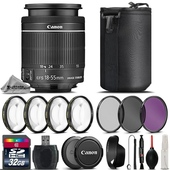 Canon EF-S 18-55mm f/3.5-5.6 IS STM Lens + 4PC Macro Kit + UV, CPL, FLD Filters (International Version)
