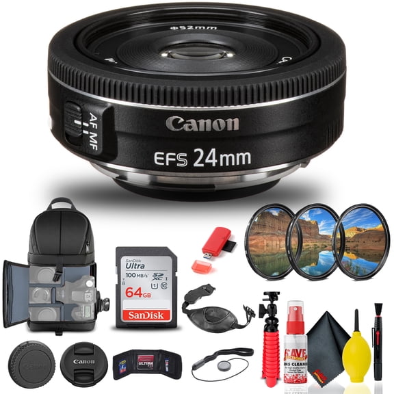 Canon EF-S 24mm F/2.8 STM Lens (9522B002) + Filter + BackPack + 64GB Card + More (International Version)