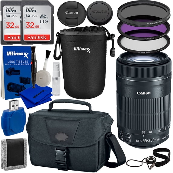 Canon EF-S 55-250mm F/4-5.6 IS STM Lens with Starter Accessory Bundle - Includes: 2x SanDisk 32GB Memory Cards, Water Resistant Case, Protective Lens Pouch, 3 Piece Filter Kit, Lens Cap Keeper & MORE