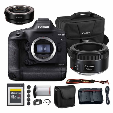 Canon EOS-1D X Mark III DSLR Camera | 20.1MP Full-Frame CMOS Sensor, DIGIC X Processor & 4K Video | Pro Sports & Wildlife Camera (3829C002) + Canon EF 50mm f/1.8 STM Lens + Adapter EF-EOS R + More