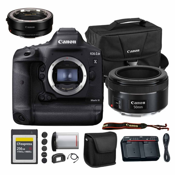 Canon EOS-1D X Mark III DSLR Camera | 20.1MP Full-Frame CMOS Sensor, DIGIC X Processor & 4K Video | Pro Sports & Wildlife Camera (3829C002) + Canon EF 50mm f/1.8 STM Lens + Adapter EF-EOS R + More