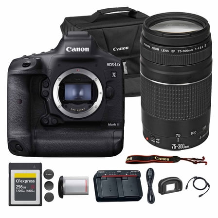 Canon EOS-1D X Mark III DSLR Camera | 20.1MP Full-Frame CMOS Sensor, DIGIC X Processor & 4K Video | Pro Sports & Wildlife Camera (3829C002) + Canon EF 75-300mm f/4-5.6 III Lens + Bag + 256GB Card