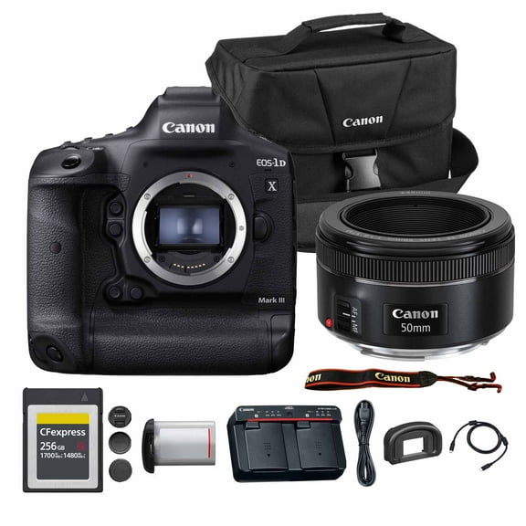 Canon EOS-1D X Mark III DSLR Camera | 20.1MP Full-Frame CMOS Sensor, DIGIC X Processor & 4K Video | Professional Sports & Wildlife Camera (3829C002) + Canon EF 50mm f/1.8 STM Lens + Bag + 256GB Card