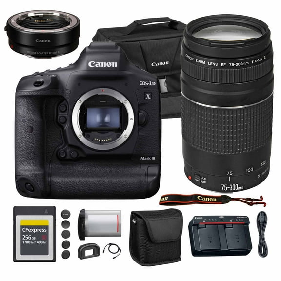 Canon EOS-1D X Mark III DSLR Camera (3829C002) + EF 75-300mm Lens + EF-EOS R Adapter + Accessories