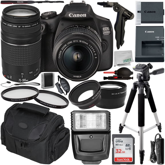 Canon EOS 2000D DSLR Camera with 18-55mm IS II & 75-300mm III Lens & Essential Accessory Bundle  Includes: SanDisk Ultra 32GB SDHC Memory Card + Wide Angle & Telephoto Lens + MORE (Intl Model)