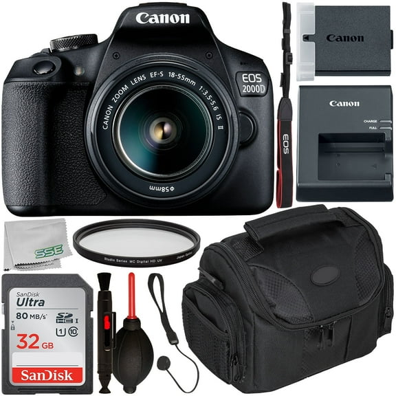 Canon EOS 2000D (Intl Model) DSLR Camera with 18-55mm IS II Lens & Starter Accessory Bundle Includes: SanDisk Ultra 32GB SDHC Memory Card + Camera Carrying Case + Ultraviolet Filter + MORE