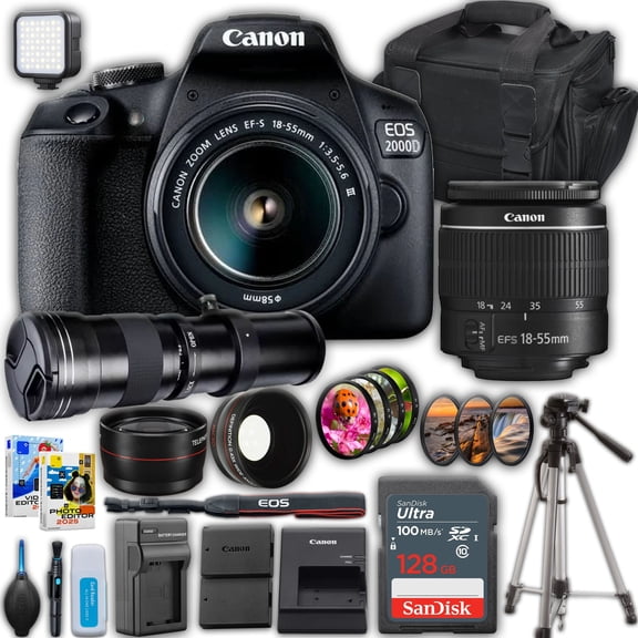 Canon EOS 2000D DSLR Camera With Canon EF-S 18-55mm F/3.5-5.6 DC III Zoom Lens + 420-800mm Super Telephoto Lens + SanDisk 128 GB Memory Card + Camera Case + More (International Version)