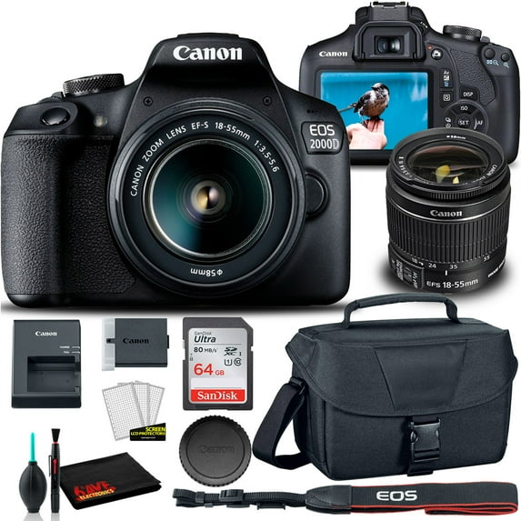 Canon EOS 2000D DSLR Camera with 18-55mm Lens + EOS Bag + Sandisk Ultra 64GB Card + Cleaning Set and More (International Model)