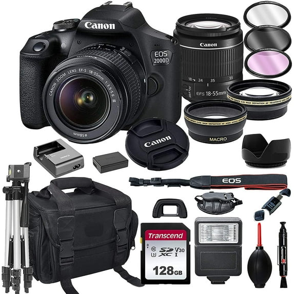 Canon EOS 2000D DSLR Camera with 18-55mm f/3.5-5.6 Zoom Lens + 128GB Card, Tripod, Flash, and More 20pc Bundle (International Version)